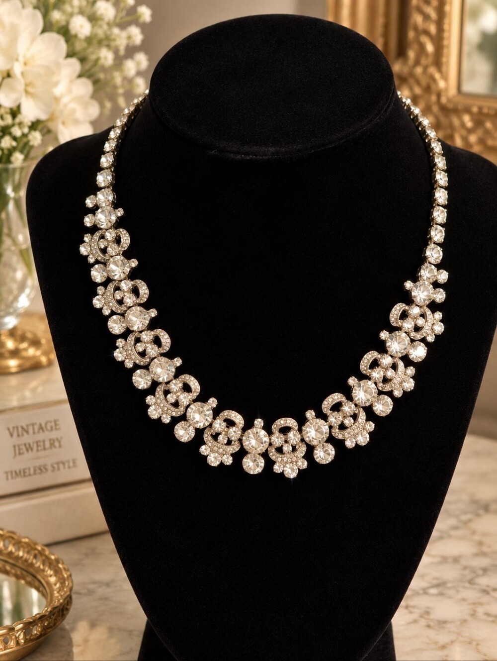 Vintage WEISS Signed Rhinestone Statement Necklace – 1950s Clear Crystal Floral